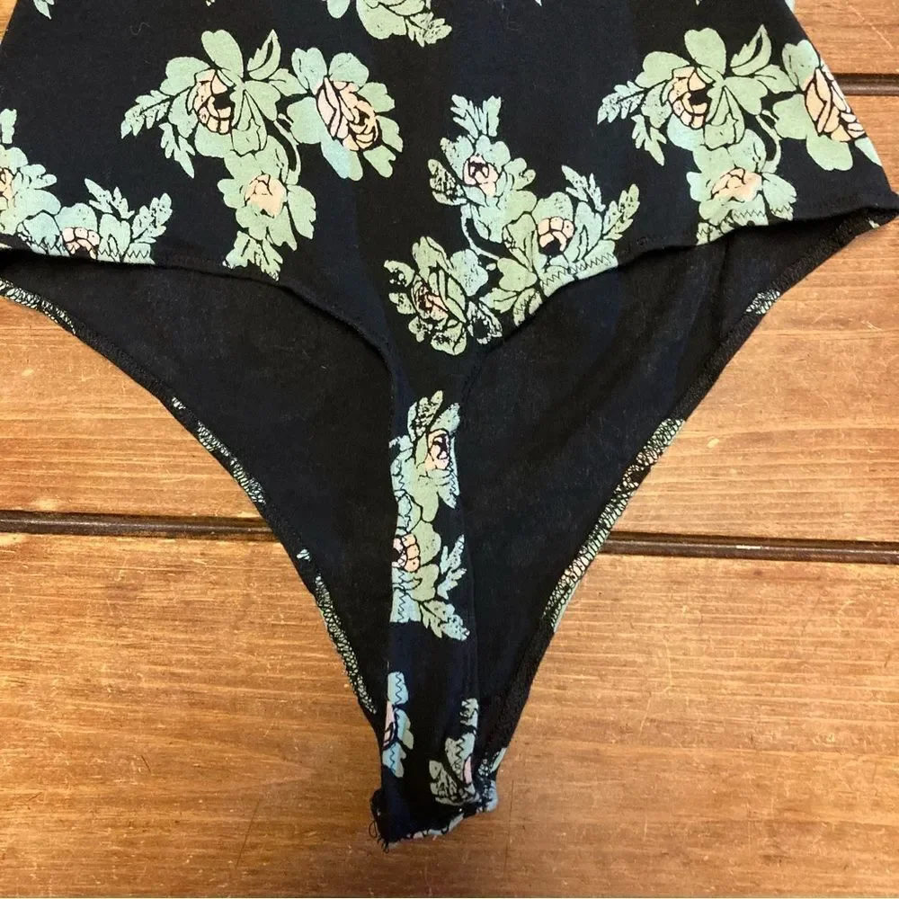 Free People Intimately So Much Black and Green Floral Bodysuit Medium Thong
